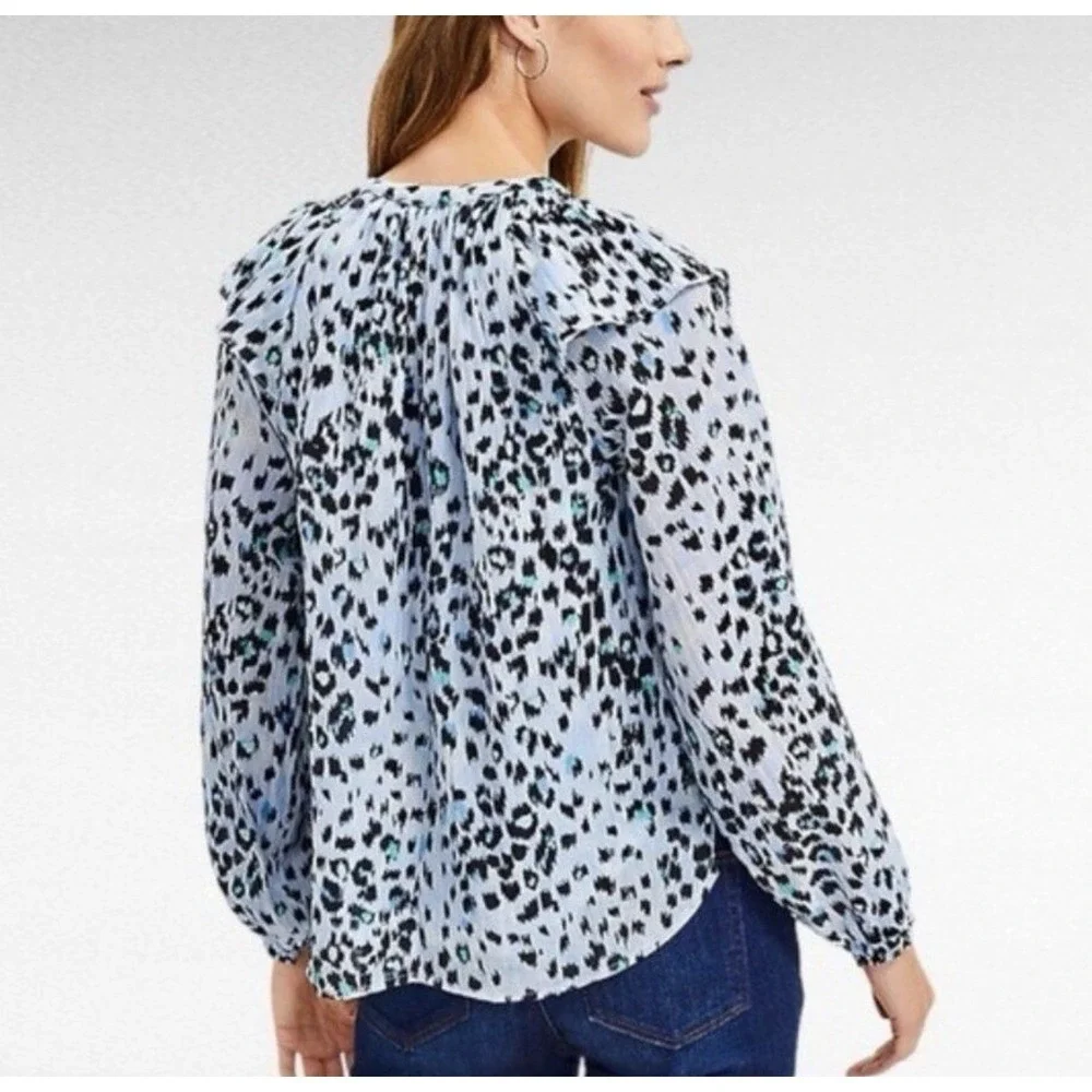 LOFT Blue Animal Print Smocked Blouse Ruffles Long Puff Sleeve Size L NWT $64.50
